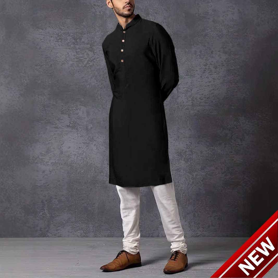 Autumn new mens solid color long sleeved casual slim fit business stand collar cotton Arabic style robe