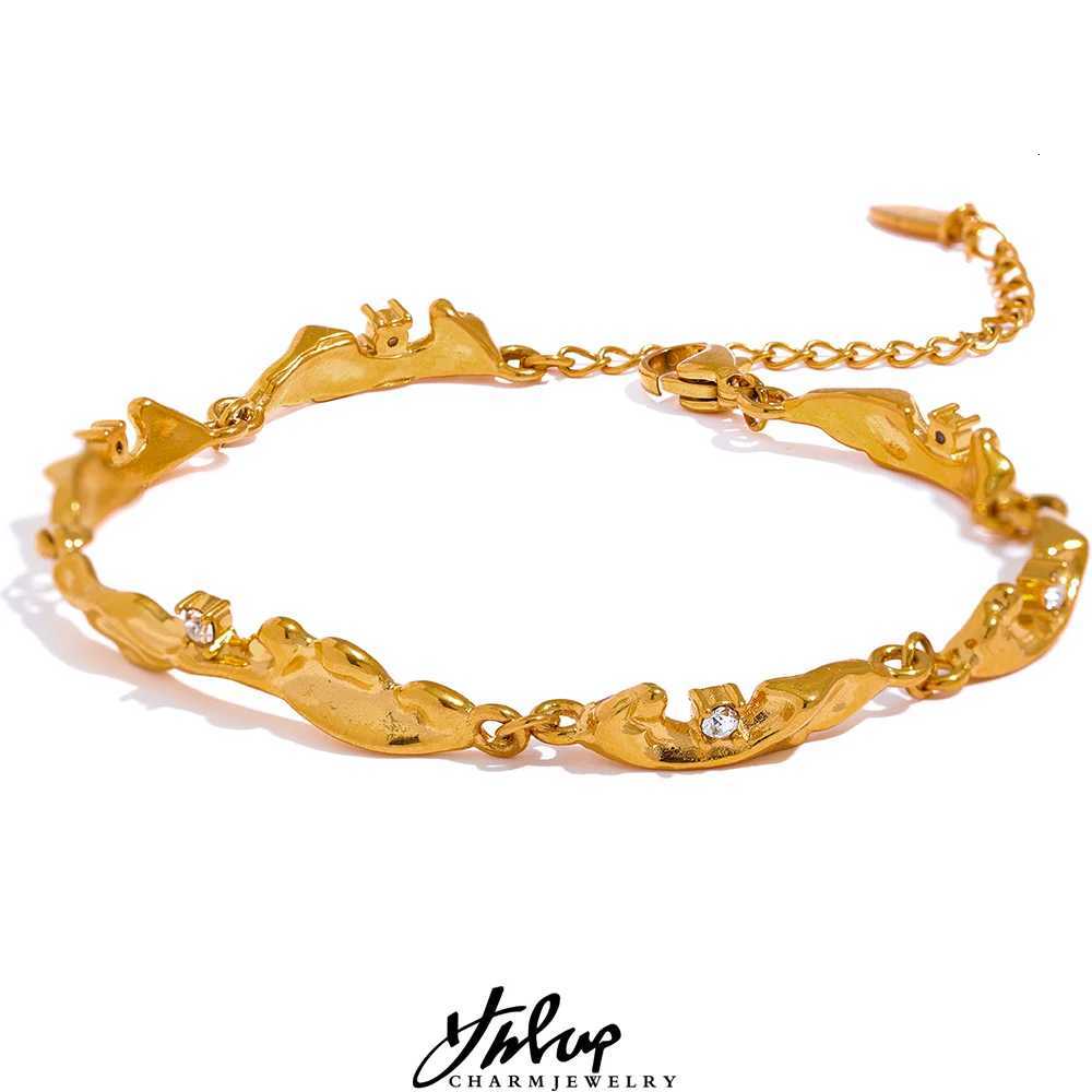 Yhpup New Design Metal Rock Texture Stainless Steel Gold Color Plated Statement Chain Bangle Bracelet Vintage Fashion JewelryXJ251105