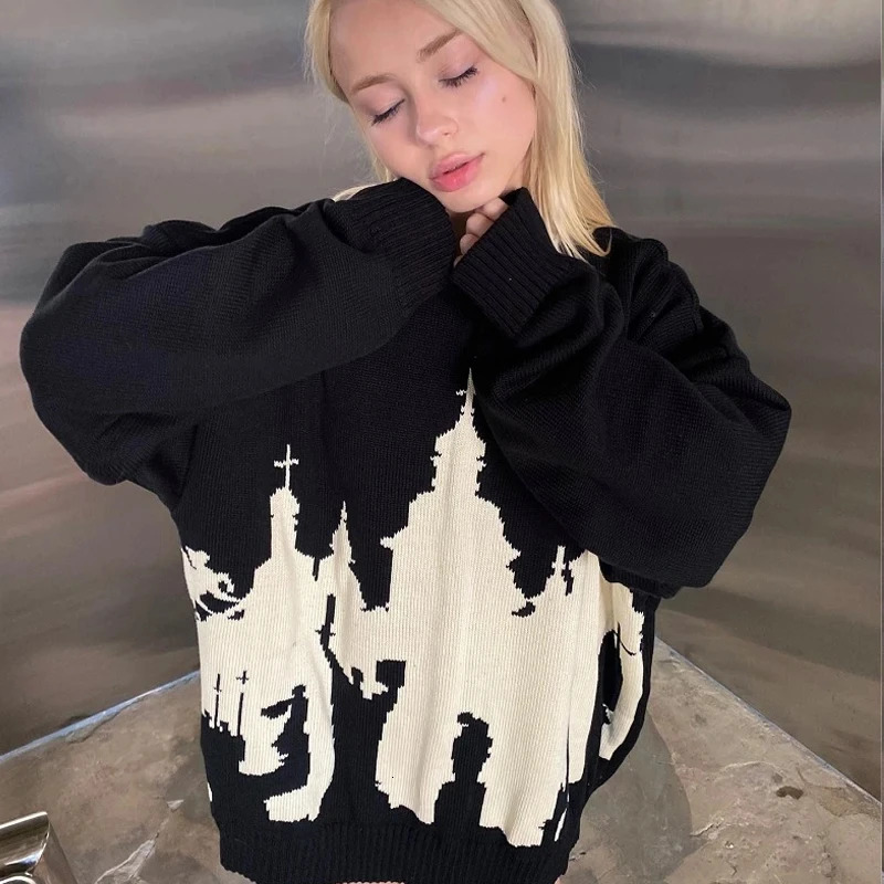 y2k gothic sweater top Hip Hop Men Women Streetwear Vintage Halloween EMO Harajuku Knitted Sweater winter Pullover Loose Retro 251104