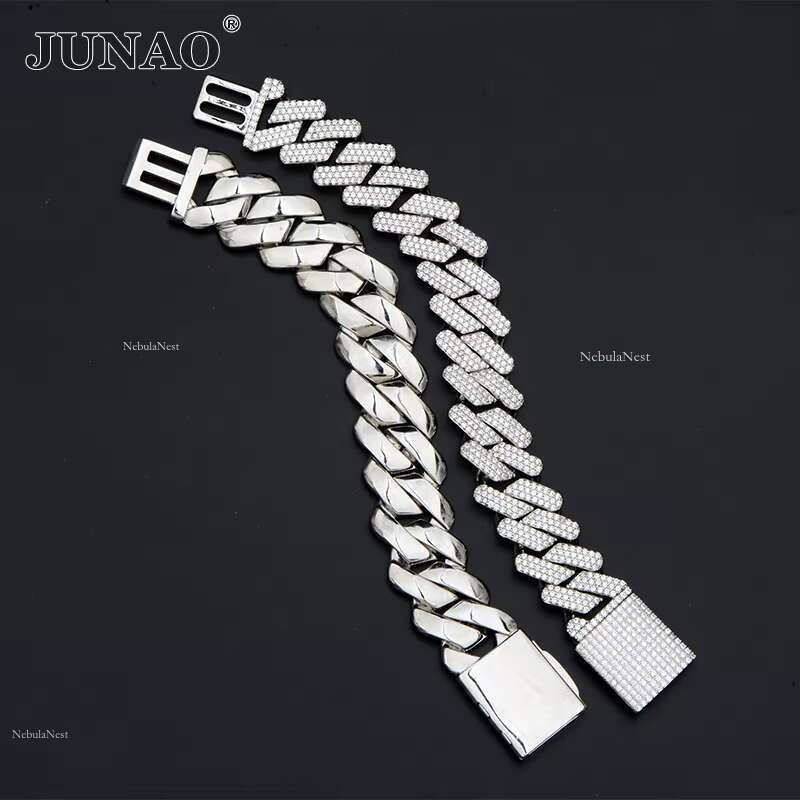JUNAO 20mm Width Sier Rose Gold Plated Brass Chain Hip Hop Cuban k Dia Bracelet Necklace Jewelry for Men and Women