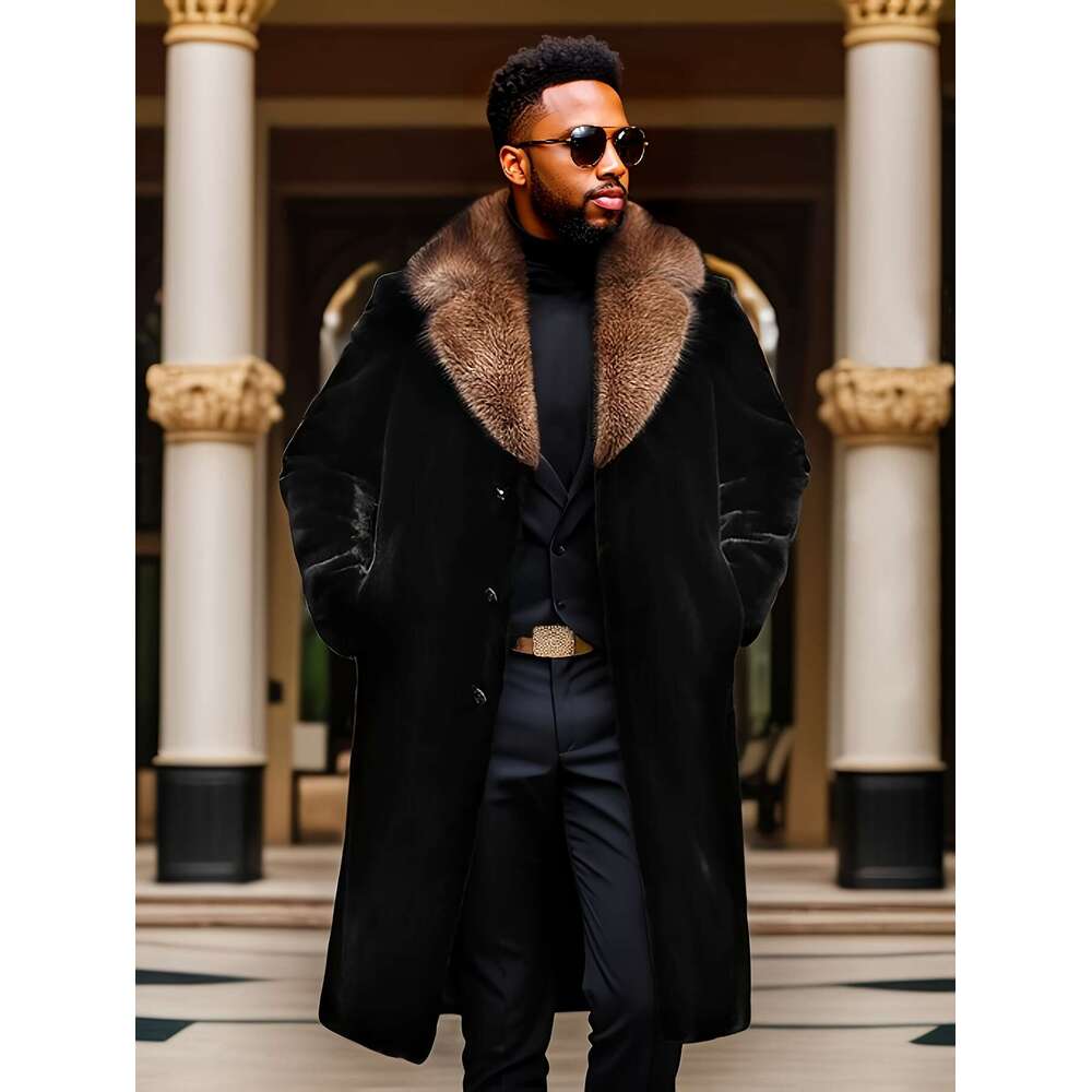 Warm Coat Winter Warm Faux Fur For Men | Thickened Fece-Lined Long Coat With Lapel Collar, Sing-Breasted Button Front Pockets, Black Casual & Business