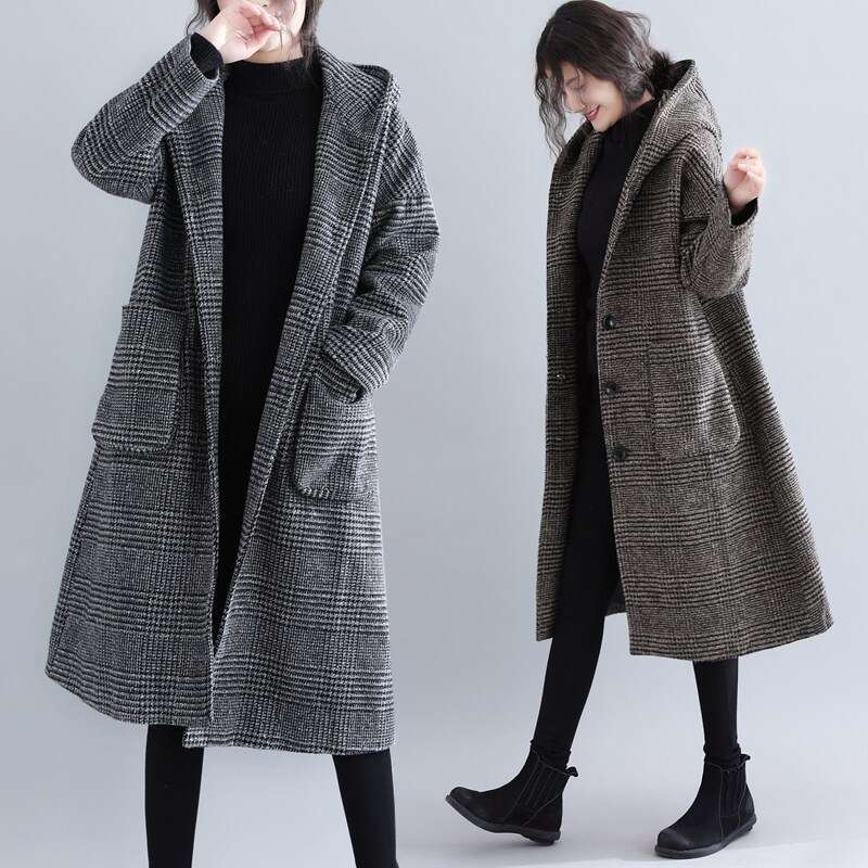 Autumn Winter Women's New Houndstooth Pattern Korean Style Plus Size Loose Slimming Versatile Long Woolen Trench Coat B5