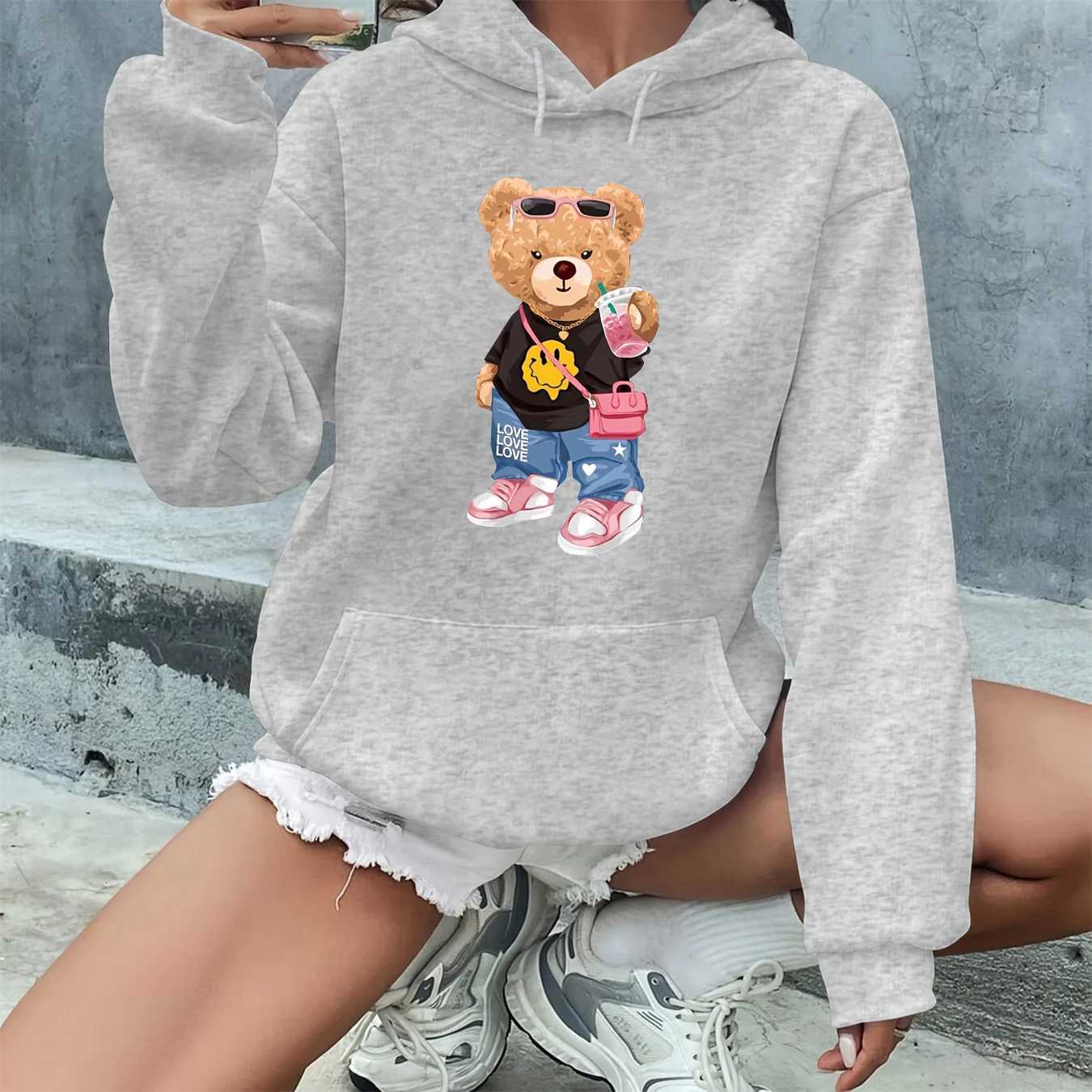 Womens autumn and winter fashion casual loose cartoon bear print round neck long sleeved drawstring hooded pulloverT251105