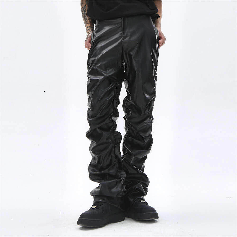 Dark Punk Niche Design Glossy Pleated PU Leather Pants Men Ins National Trend Hip Hop Loose Casual Trousers