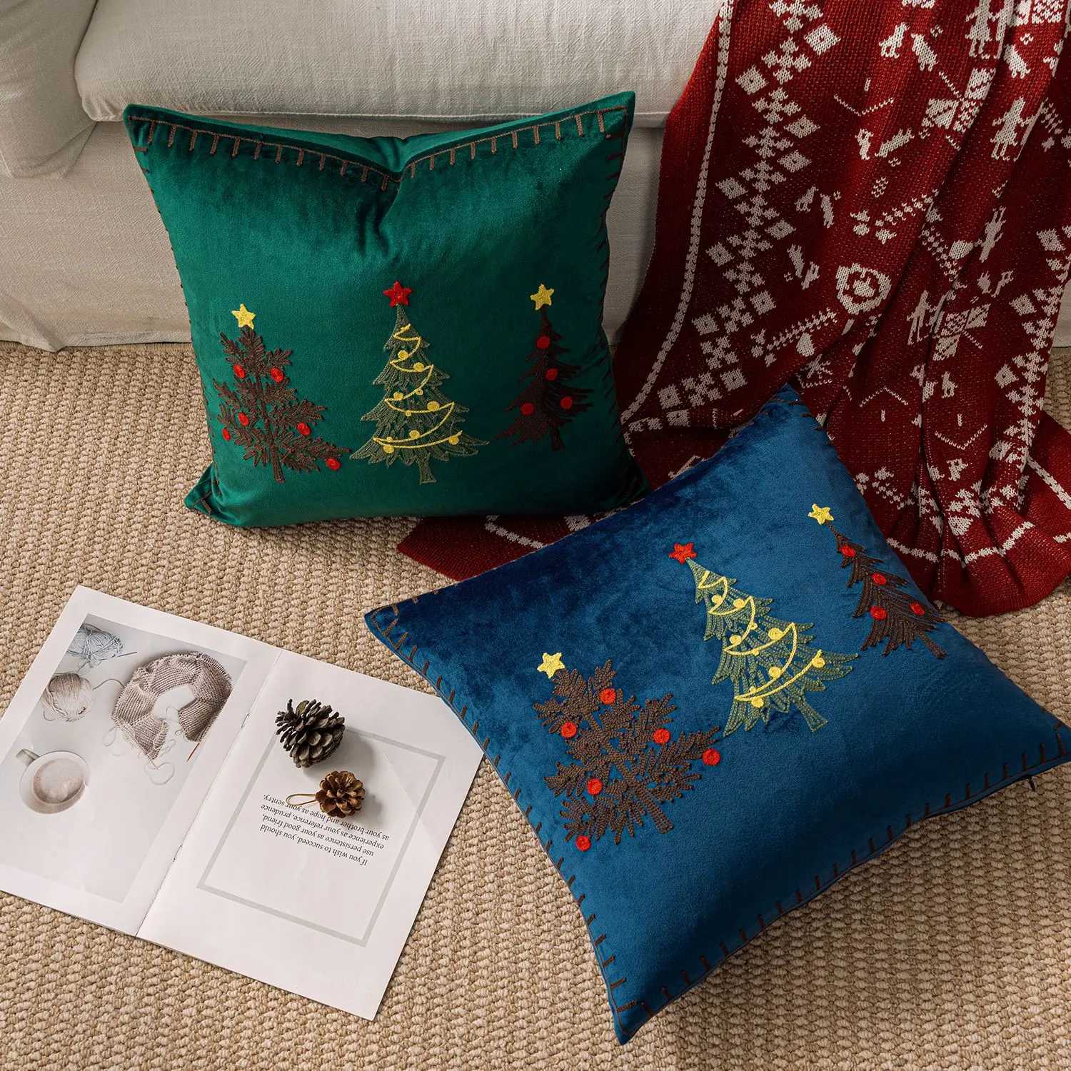 45x45cm Christmas Tree Embroidered Cushion Cover Festive Living Room Decor 2025 2026 Xmas New Year Gift Y251105