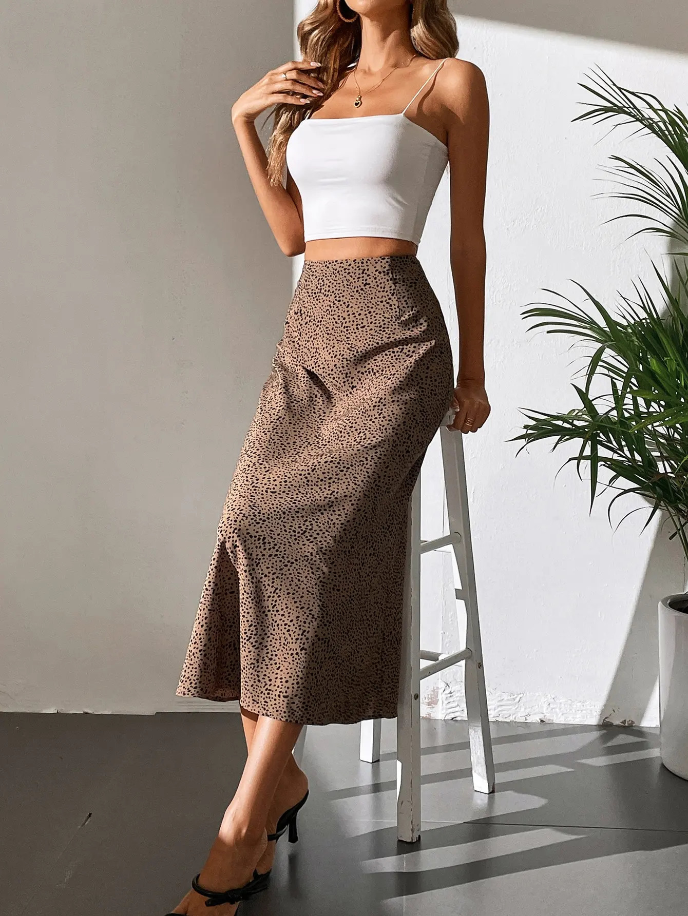 Early Fall Vintage Arty Print Polka Dot Leopard High Fanny Pack Hip A-line Straight Chiffon Skirt 250402