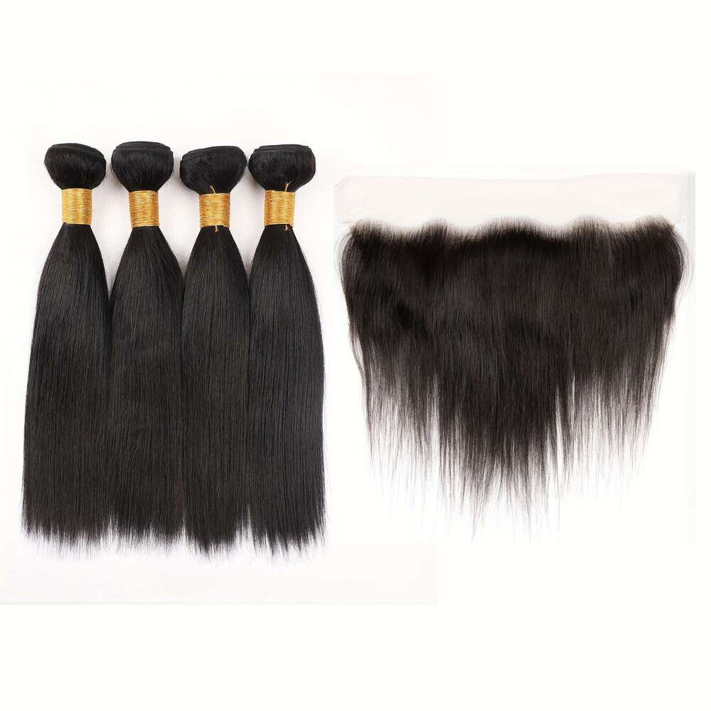 4 Bundles Brazilian Straight Human Weave With 13X4 Lance Closure - Natural Black Remy Men &, Full For African, Scalp Low-Ponytail Styles, Volume Densi