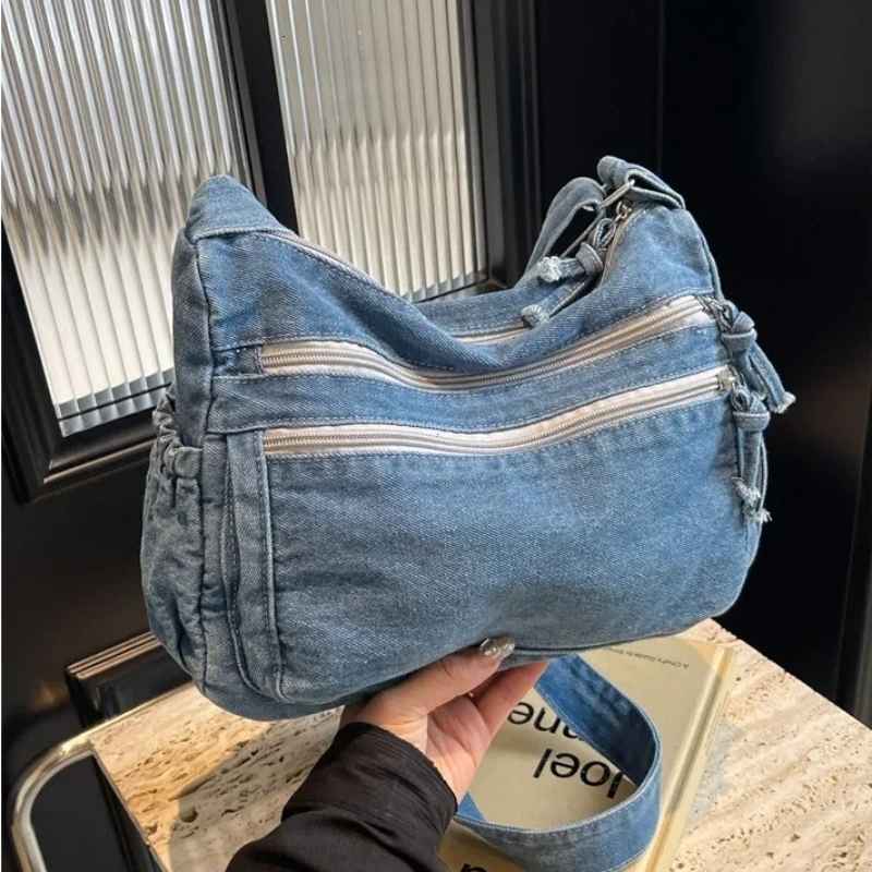Vintage Denim Womens Shoulder Bag Large Capacity Messenger Multipockets Satchel Bags Adjustable Strap Ladies Crossbody y251104