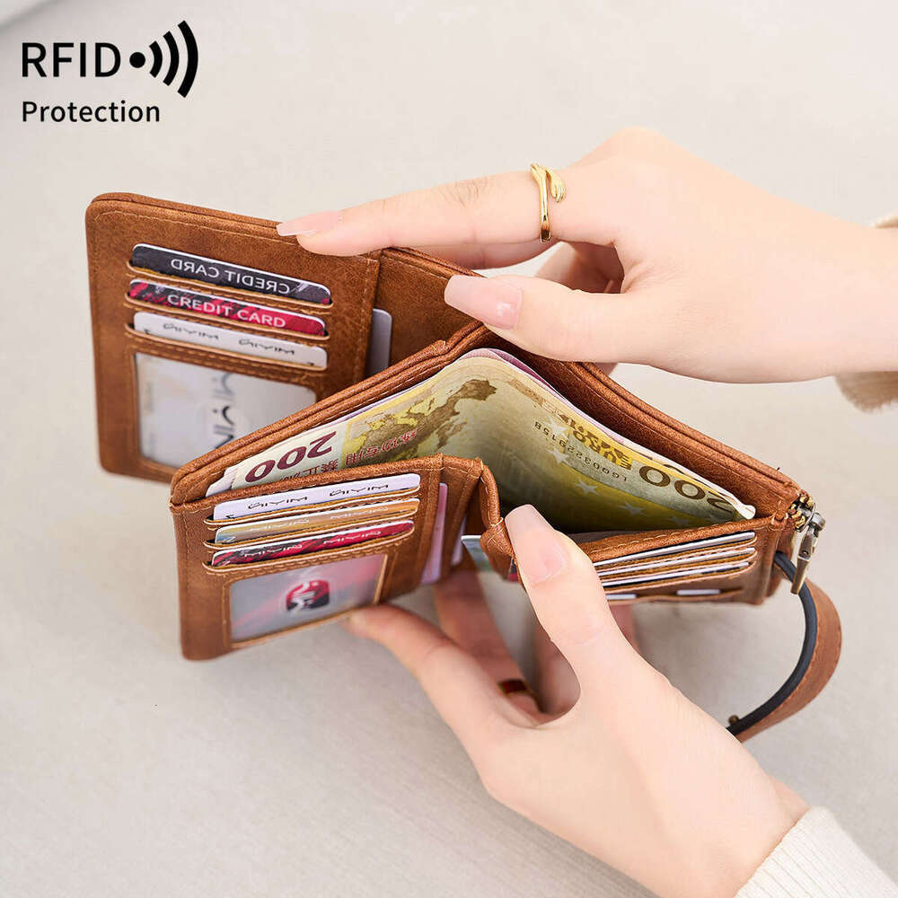 Cross-Border New RFID Anti-Theft Women's Multi-Card Slot Simple Leather European and American Retro Short Wallet