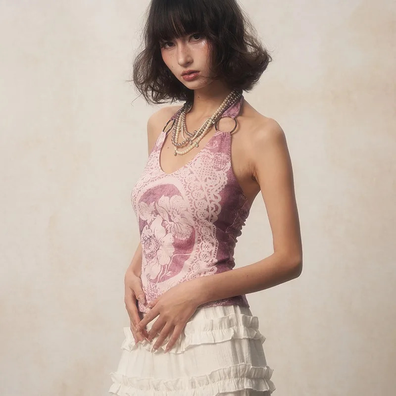 Karrcat Japanese Y2k Halter Tops Grunge Aesthetics Purple Tank Top Retro Harajuku Flower Print No Back 2000s Retro 250402