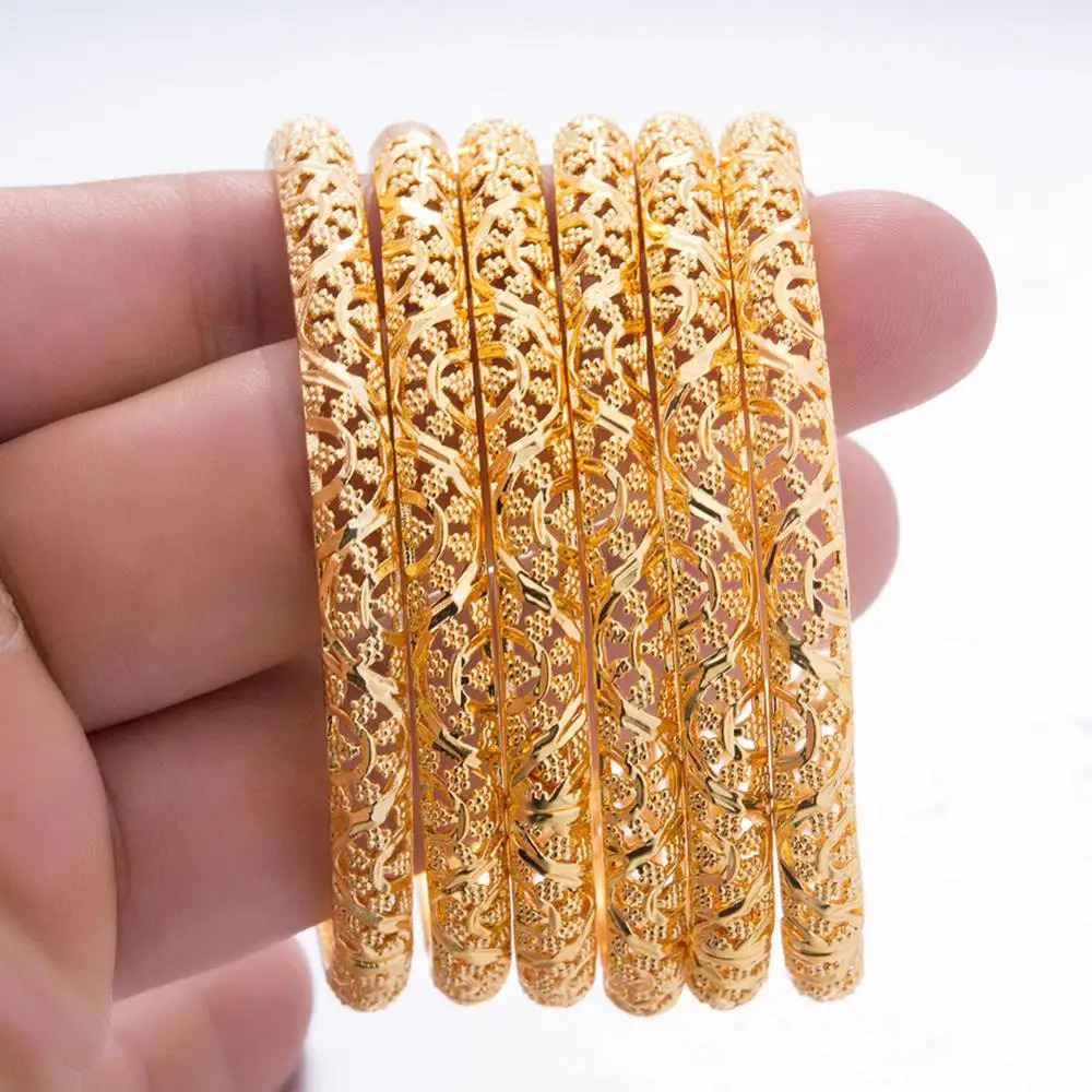 24k 6Pcs Gold Color Dubai India Bangles For Women African Bridal Bangles Bracelets Gold Wedding Bangles Jewellery Gifts 251031
