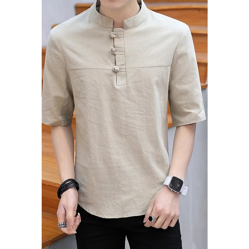 short sleeved T-shirt for mens teenage trend Chinese style button up summer T-shirt 250402