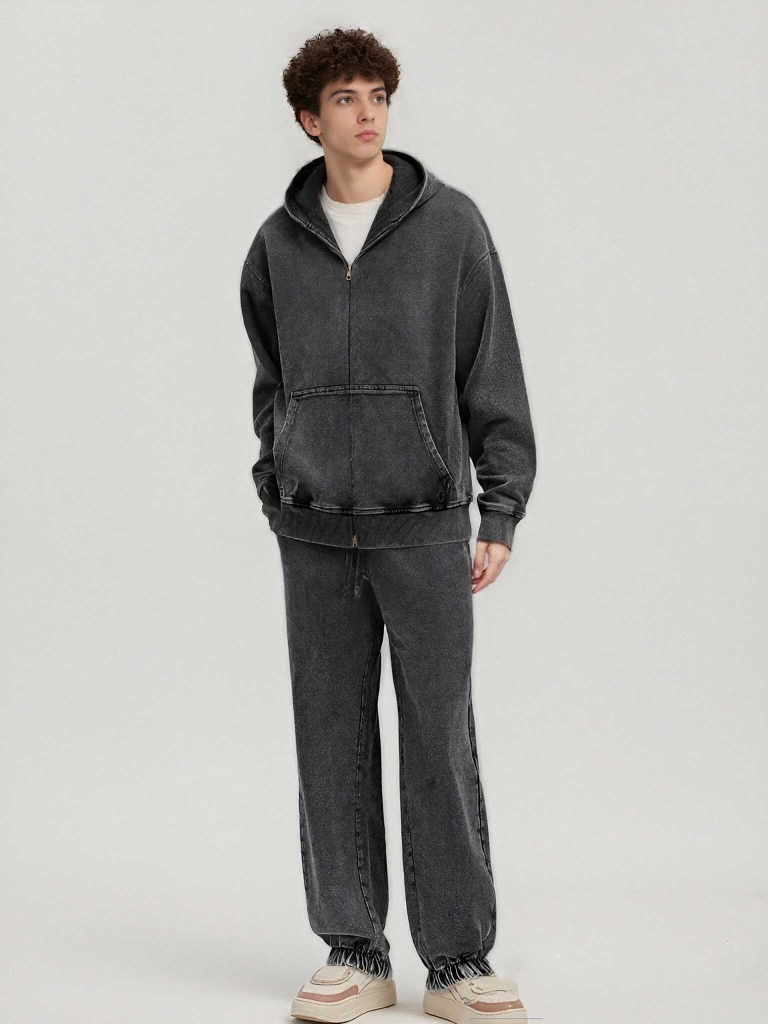 BLNCG Men's Washed Retro Zip - Up Hoodie, Distressed Vintage Style, Customizable Oversize Fit, Ideal for Streetwear Enthusiasts-KB-02