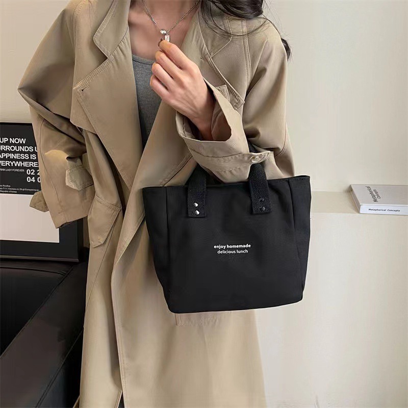 Cross-Border New Canvas Solid Color Handbag Japanese Style Office Worker Simple Lunch Box Color-Block Shoulder Bag Manufacturer Wholesale