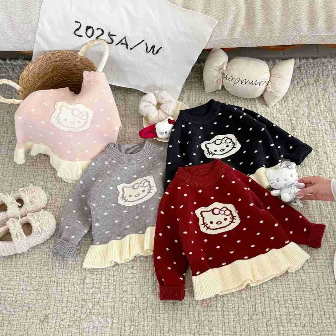 Sanrio Girls Sweater Autumn Winter 2025 New Fashionable Baby KT Cat Tassel Childrens Autumn Knitted Sweater Inner Wear Yarn H251105