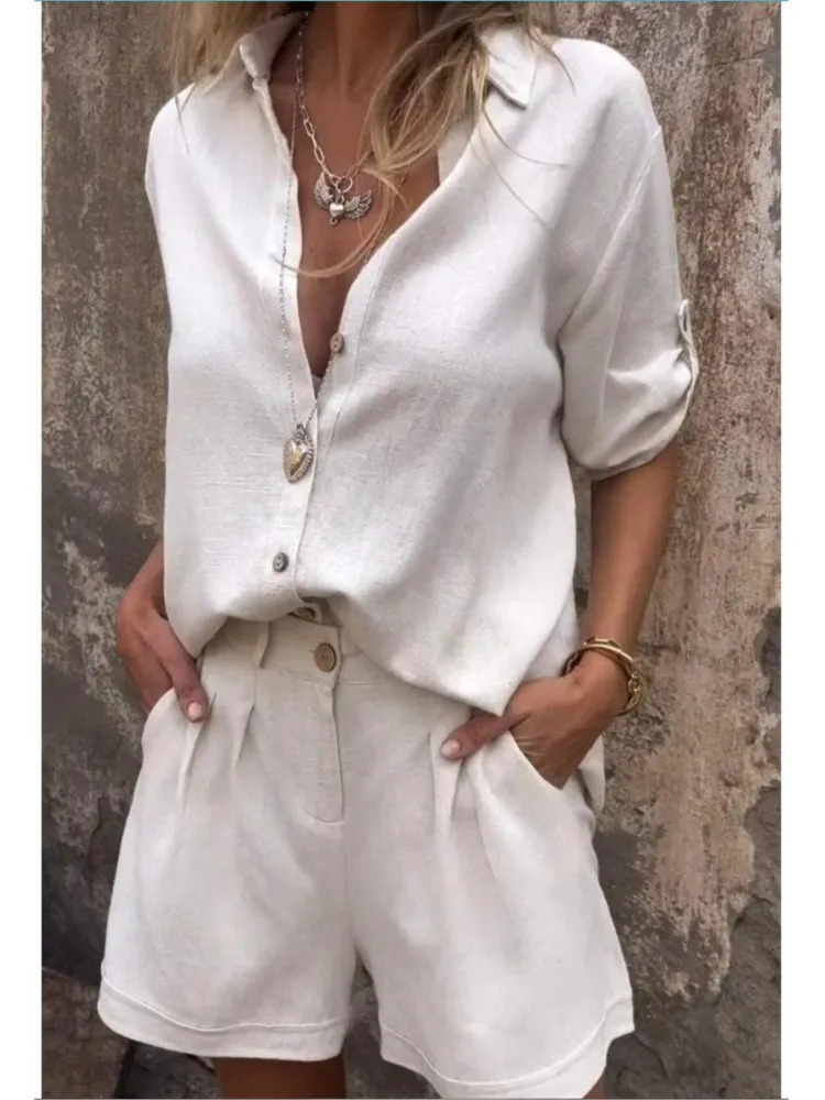 Summer fashion cotton linen two-piece set womens casual solid collar button short sleeved shirt two-piece set women 250401