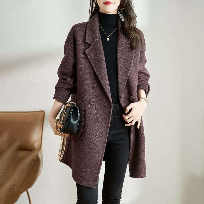 Autumn Winter New Korean Style Elegant Thickened Mid-Length Herringbone Wool Coat For Women B5