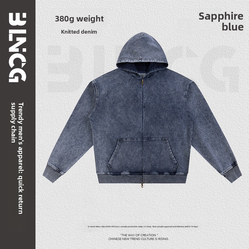 BLNCG Men's Washed Retro Zip - Up Hoodie, Distressed Vintage Style, Customizable Oversize Fit, Ideal for Streetwear Enthusiasts-KB-02