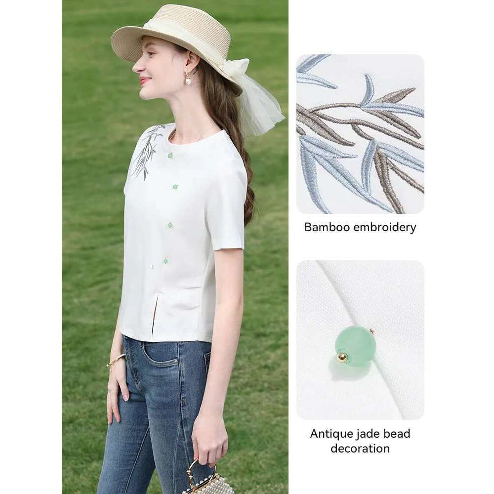 White Chinese Bamboo Embroideryt-Shirt For Women Summer 2025 Waist Short Sleeve Tees Side Hem Slit Tops