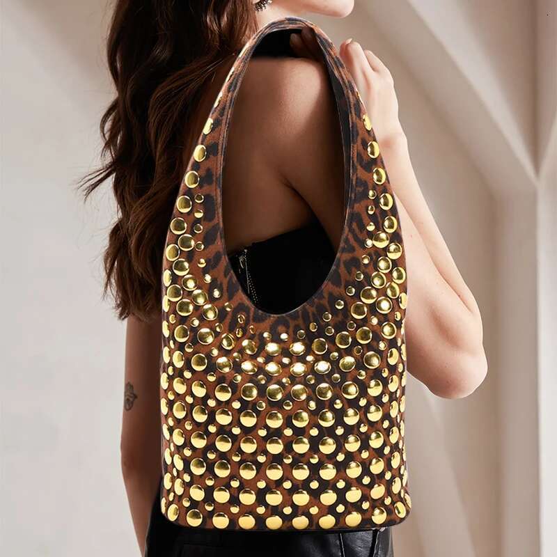 Gold Rivet Punk Underarm New Women's Leopard Print Frosted Bucket Bag High-End Brand Designer Shoulder Tote Handbag
