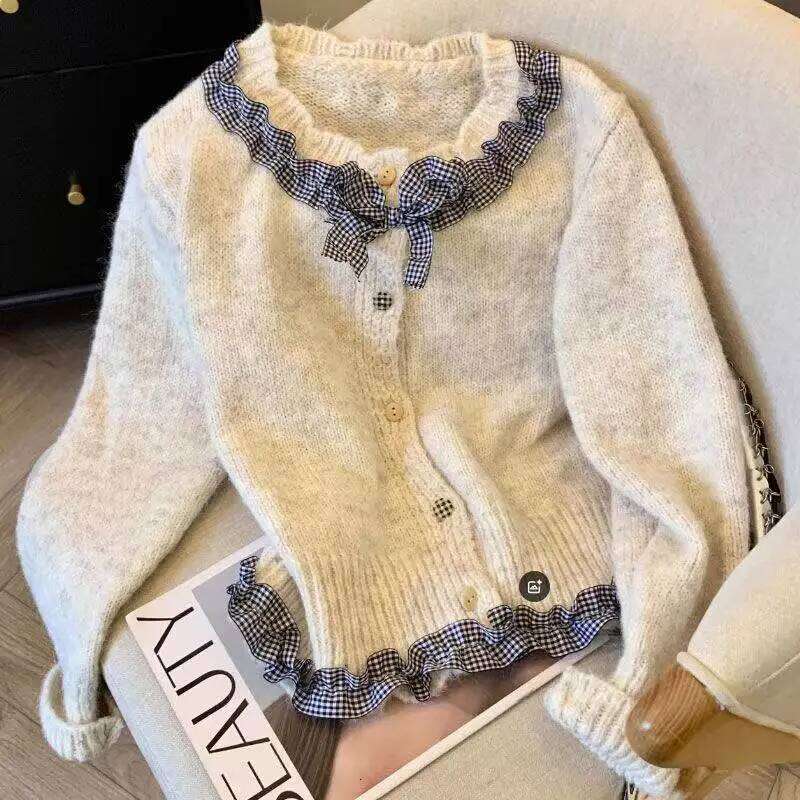 Women's Clothing Patchwork Ruffle Edge Bow Tie Cardigan Sweater For Women Autumn Winter Long Sleeved Sweet Chic Soft Knitted Top Designer Sweater