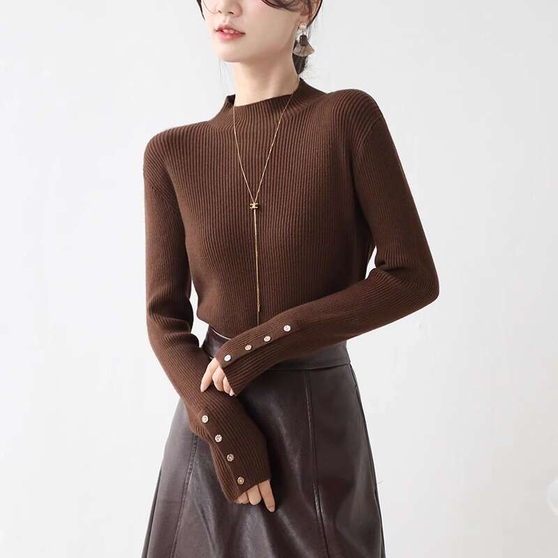 High-End Deep Gray Half Turtleneck Knitted For Women Autumn Winter Stylish Top Inner Layer Sweater Base Shirt B5