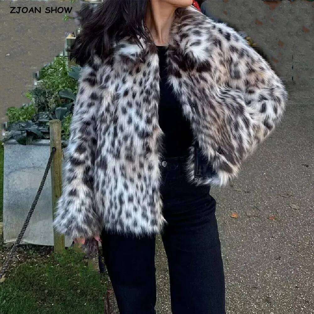 New Winter Shaggy Dot Leopard Faux Fur Coat CHIC Women Lapel Collar Covered Buttons Full Sleeve Loose Short Outerwear