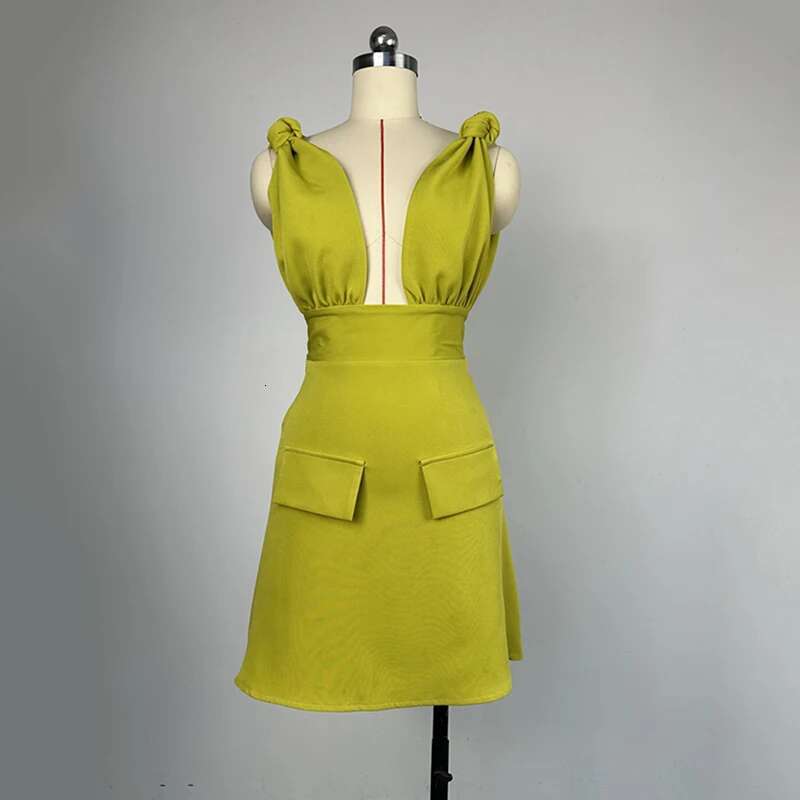 Women's Fashion Sleeveless V-Neck Solid Color Backless Dresses Spring New Trendy Fake Pockets Party Dress Female 33A2579