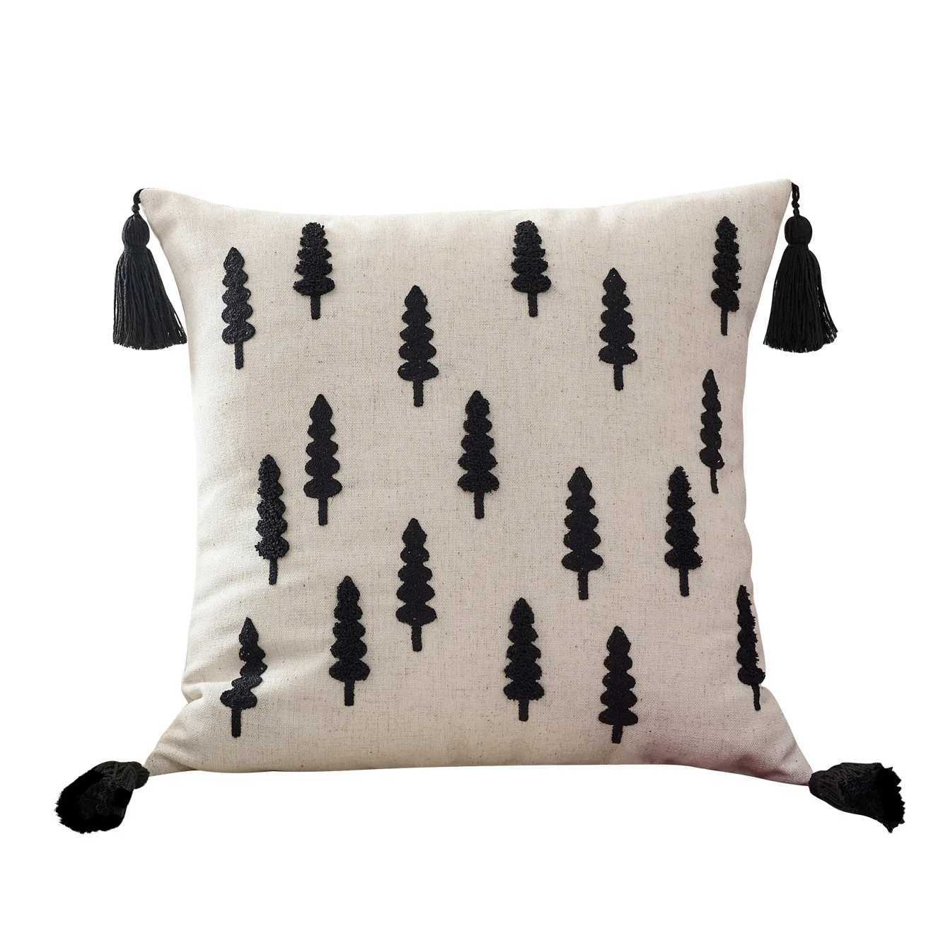1PCS Black And White Christmas Tree Embroidered Canvas Pillow Cover Hanging Ear Design Decorative Cushion Cover for Holiday Home Y251105