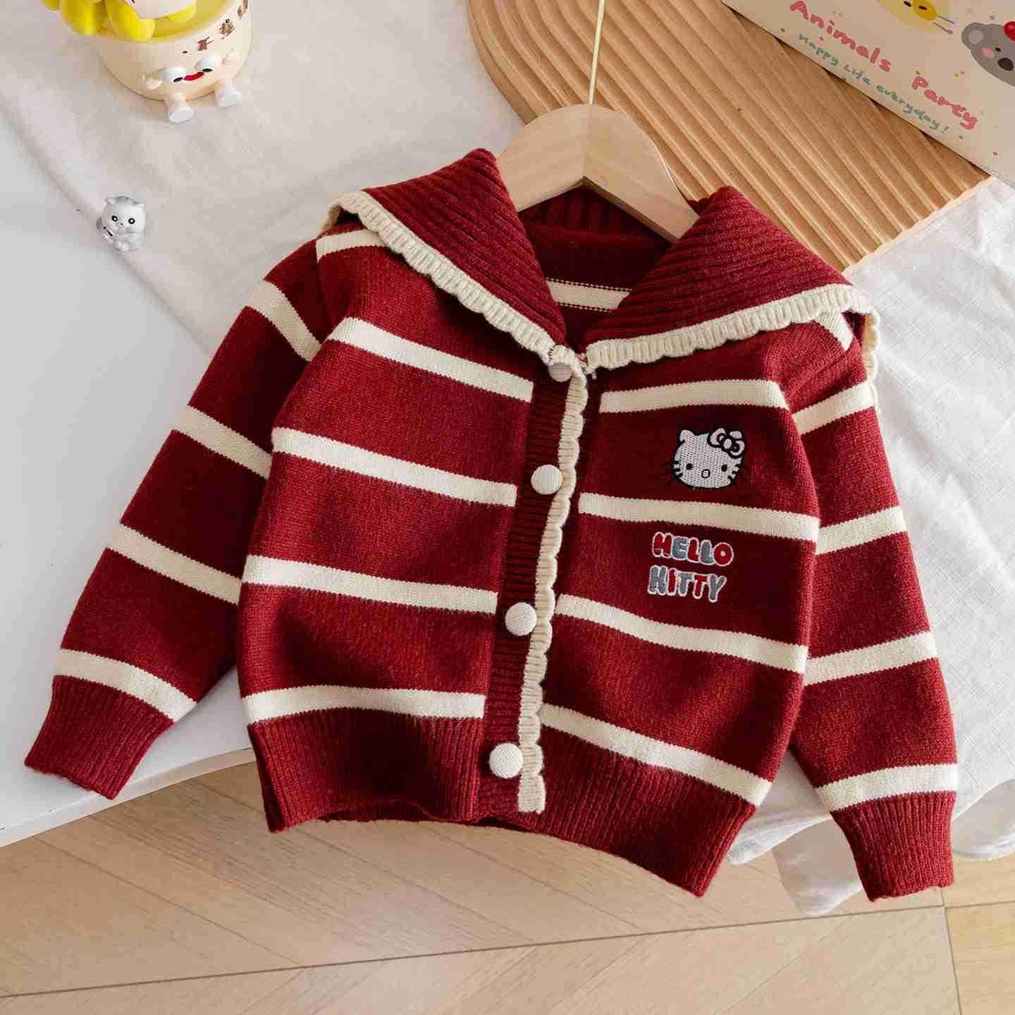 Sanrio Korean Girls Autumn Coat New Fashionable Sweet Cartoon Knitted KT Cat Striped Navy Collar Sweater Cardigan H251105