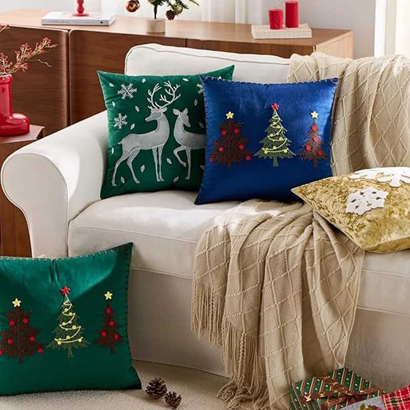 Velvet Embroidery Christmas Throw Pillow Cover Soft Square Cushion Case Xmas Trees Pillowcase for Home Winter Holiday Sofa Decor Y251105