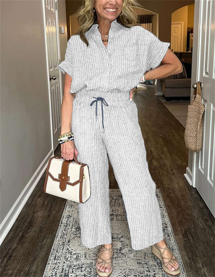 2025 Cross-Border Spring and Autumn Amazon Independent Station Women's Striped Suit with Turn-Down Collar Short Sleeve Straight-Leg Lazy Style Lo