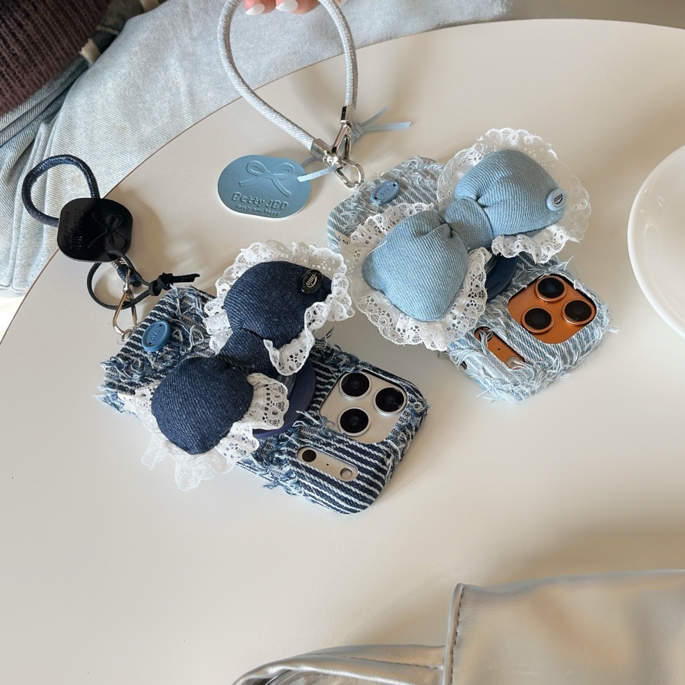 Denim Irregular Striped Bow Stand Phone Case Compatible with iPhone 17/16 Pro iPhone 15 Cartoon 14