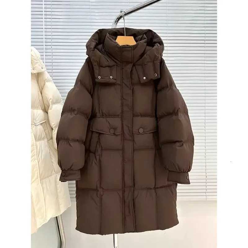 Autumn Winter New Down Jacket Womens Mid-length Hooded Thick Loose White Duck Down Warm CoatT251105