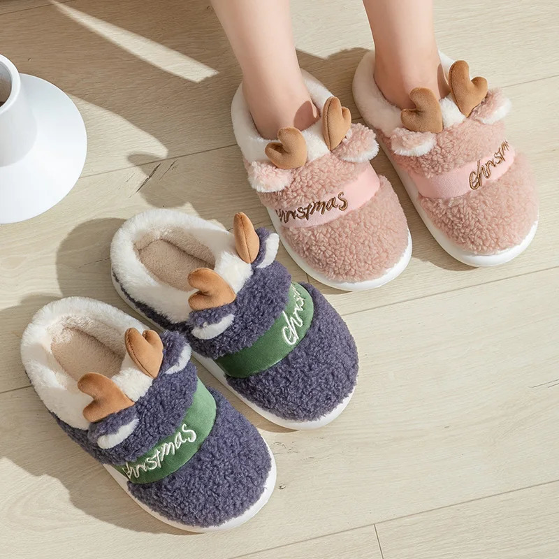 2025 Thick Sole Christmas Deer Slippers Women Men Indoor Warm Slipper Soft Plush Home Floor Lovers Winter Platform Shoes 251031
