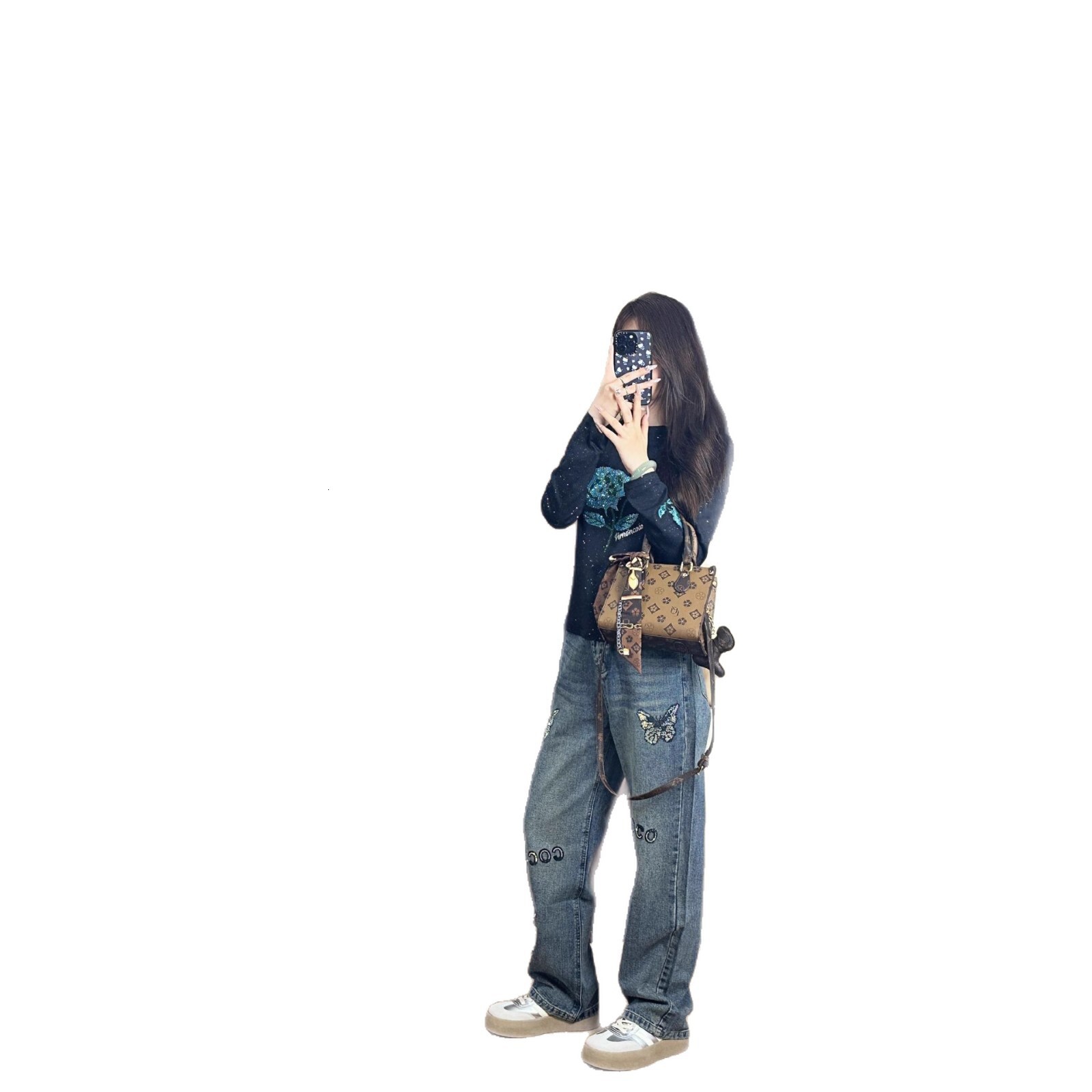 Spring Summer New Design Sense Butterfly Rhinestone Fashionable Elegant Straight Wide-Leg Jeans Daily Versatile Pants Women's Clothing ddmymoon