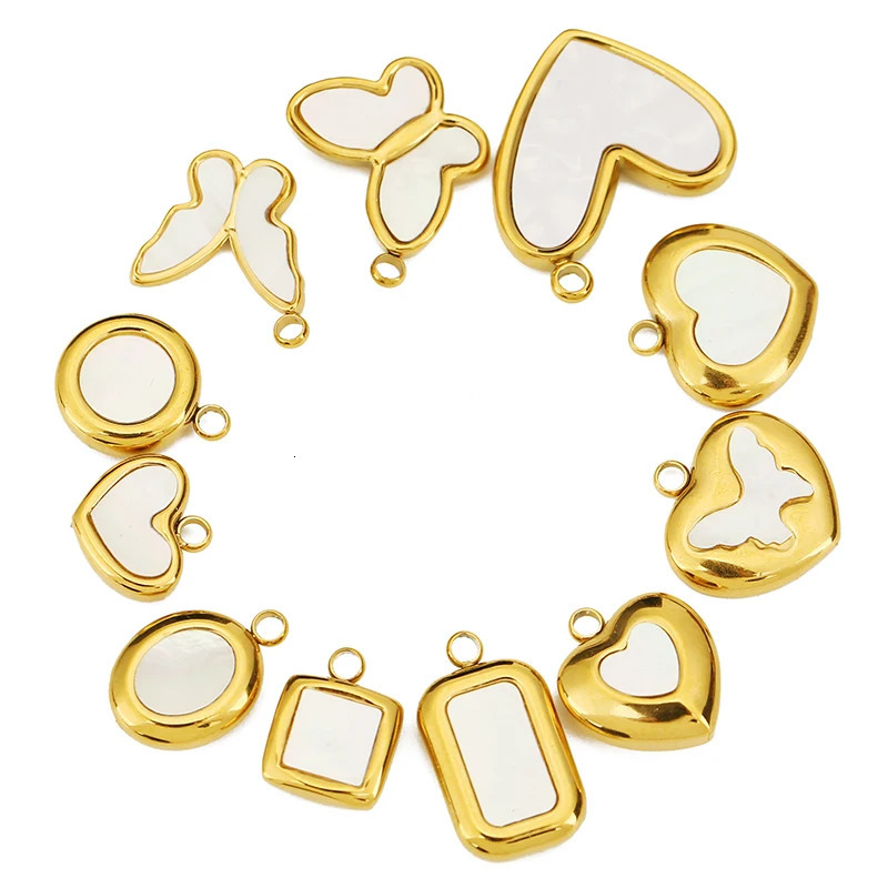 4 pieces of stainless steel natural shell butterfly circular square heartshaped charm necklace jewelry making DIY pendant 250325