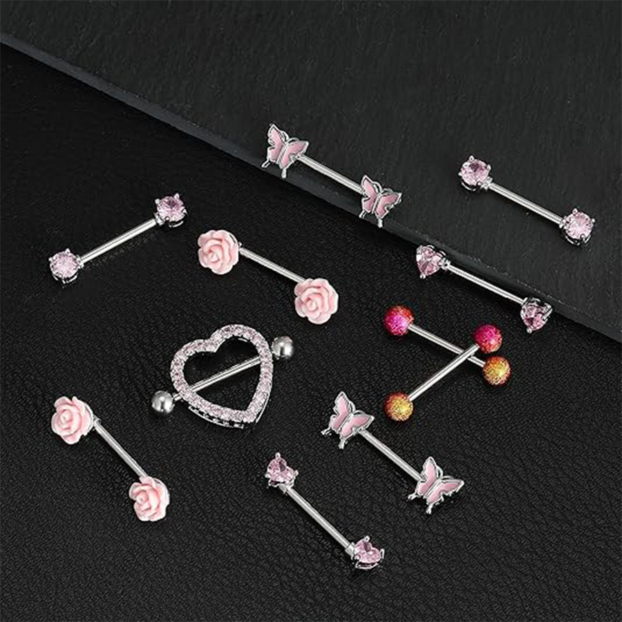 9 Pairs 14G Stainless Steel Nipple Rings Tongue Ring Straight Nipple Barbells Cute Butterfly Rose Opal Moon Heart CZ Body Piercing Jewelry for Women P