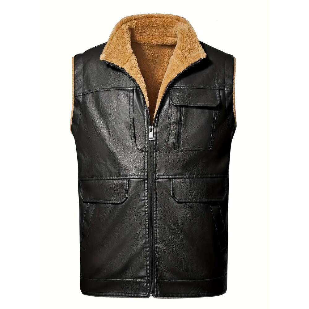 Warm Fleece Vest Warm Fleece-Lined Men's Vest - Thick Sleeveless Jacket With Zippered Pockets For Fall & Winter, Brown
