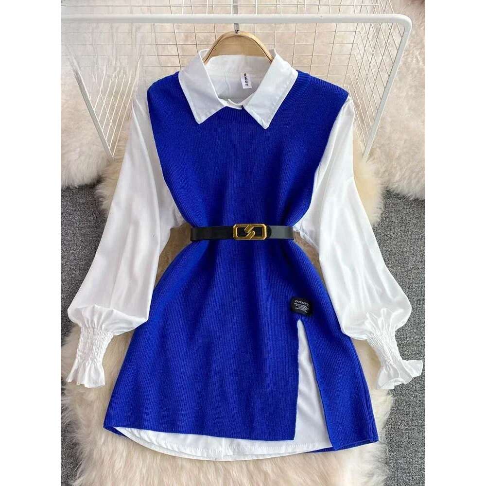 Women's Chic Age-Reducing 2-Piece Set Long Sleeve White Shirt Sweater Loose Fit Knit Vest Pullover Spring Autumn Fashion Designer Sweater Bear Sw