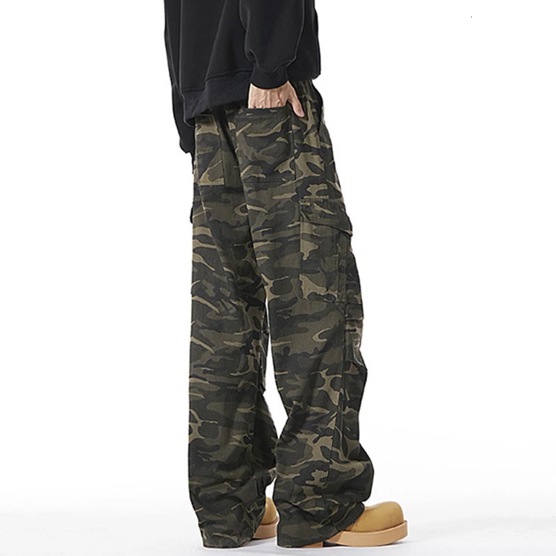 Mens Baggy camouflage open top cargo jeans mens classic straight casual denim pants American style street hip-hop denim troops 250402