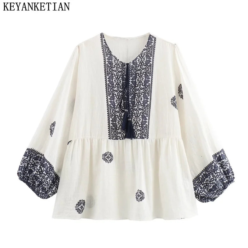 KEYANKETIAN 2024 ethnic style Paisley totem printed shirt tassel lace pendant lamp sleeves cotton linen top 250325v