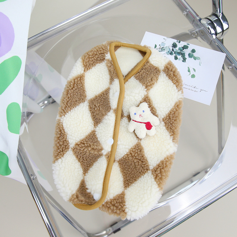 Argyle Pattern Pet Vest with Cute Bear Sweater Decor, Soft Fleece Dog Clothes, Black & Brown Pet Apparel, Button Design, Warm Winter Wear for Small Me