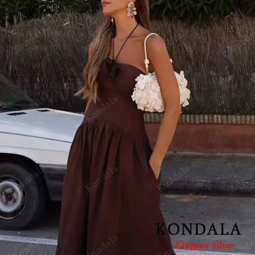 winter jacket women KONDALA Elegant Fall Brown Flower Halter Women 2025 Summer Fashion Neck-mounted Backless Long Evening Date Dress