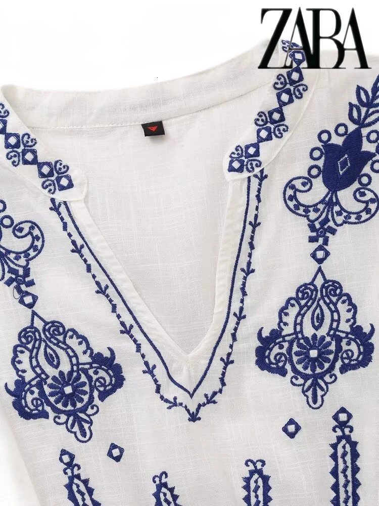 TRAF Womens Ethnic Style Embroidery Literature Long Sleeve Shirt Vintage Temperament V-Neck Womens Fashion Loose Peplum Shirt 250325