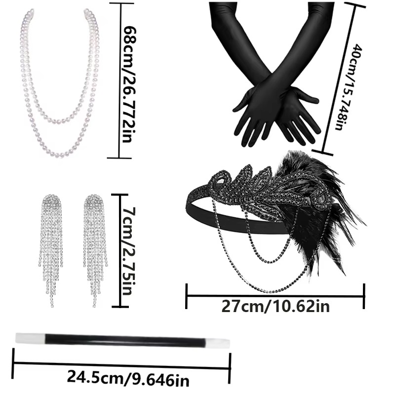 5 sets of 192 feather bands, headbands, necklaces, gloves, cigarette sticks, tassel long earrings, and supplies for a women-themed artistic party