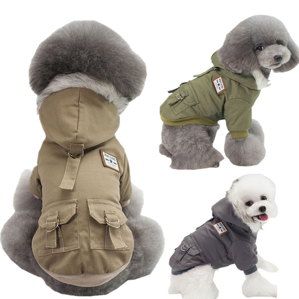Fur-Lined Hooded Dog Parka with Utility Pockets, Warm Winter Coat for Small Dogs Like Poodle, Bichon Frise, Multi-Color Waterproof Jacket for Cold Wea