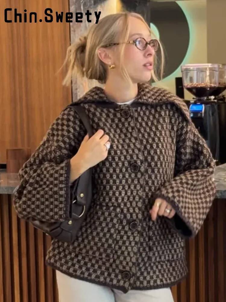 winter jacket women Fashion Caramel Lapel Plaid Knit Cardigan Women Loose Single Breast Pocket Warm Coat Autumn Lady Korean Style Knitwear New