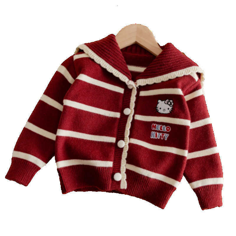 Sanrio Korean Girls Autumn Coat New Fashionable Sweet Cartoon Knitted KT Cat Striped Navy Collar Sweater Cardigan H251105