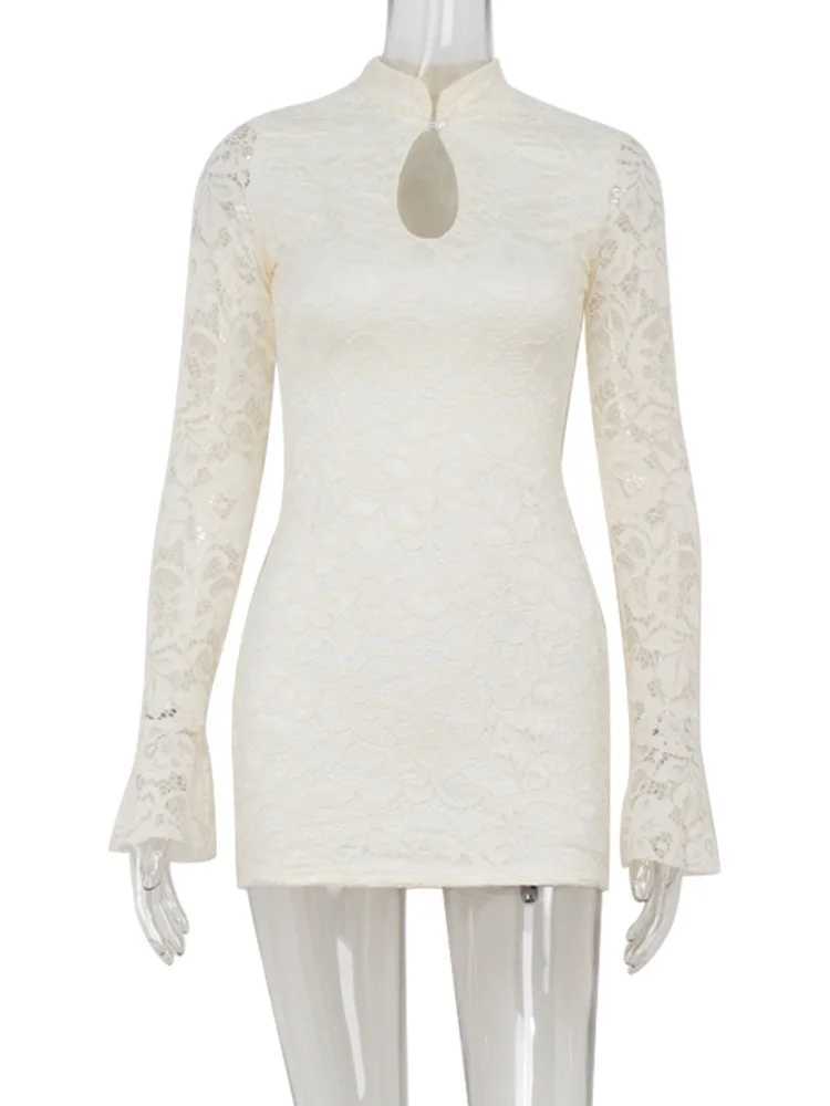 Ahagaga Sexy Lace Womens Mini Dresses Solid Sheer Hollow Out Turtleneck Long Flare Sleeves Sheath Bodycon Streetwear Vestidos J251105
